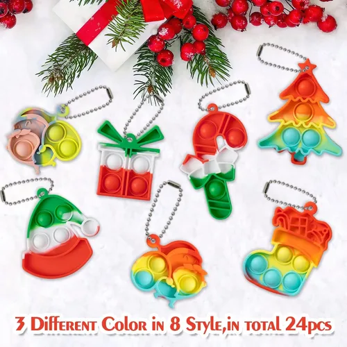 Vista 5 de AMUHUA Recuerdos de fiesta de Navidad para niños – Paquete de 24 mini llaveros Pop Fidget con tarjetas de regalo para niños pequeños, regalos
