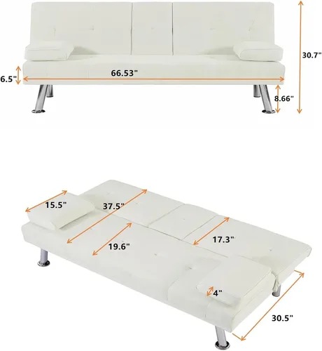 Vista 2 de Sofá cama futón tapizado de lino 100% tela con 2 portavasos/patas/reposabrazos extraíbles, sofá cama convertible moderno, sofá biplaza tapizado