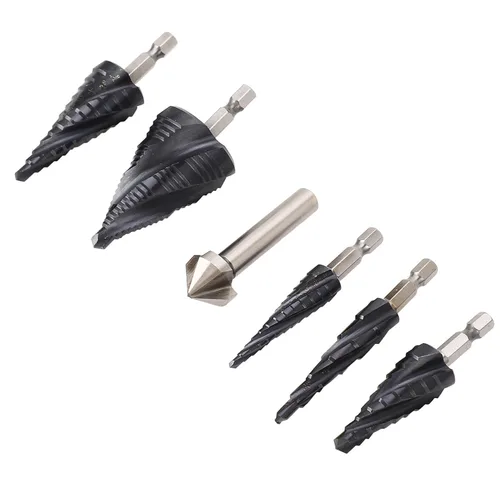 Vista 5 de Step Drill Bit Set, 4 Flute M35 Cobalt Pagoda Drill Bit Kit, 1/4 Inch Shank for Less Steel Hard Metal, Step for Wood Pla Aluminum Copper, Includes 5
