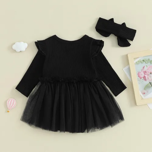 Vista 5 de Maemukilabe Infant Newborn Baby Girl Ruffle Sleeve Dress Romper 2Pcs Tulle Bodysuit Headband Set Christmas Halloween Clothes