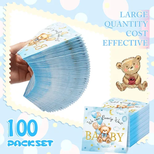 Vista 3 de Crtiin 100 servilletas de baby shower con texto en inglés «We Can Bearly Wait», decoraciones de baby shower para niños, servilletas de regalo