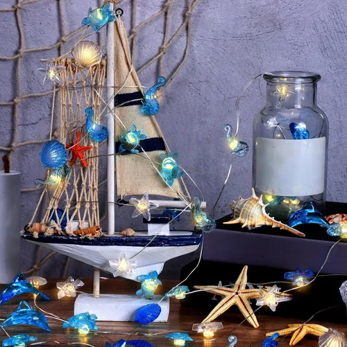 Vista 7 de Zhanmai 2 piezas de luces de cadena para decoración marina temática náutica de conchas y caballitos de mar para dormitorio, 10 pies, 30 luces LED