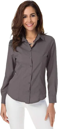 Vista 13 de Atnlewhi - Camisa de trabajo clásica con botones, manga larga, elástica, formal y casual para mujer