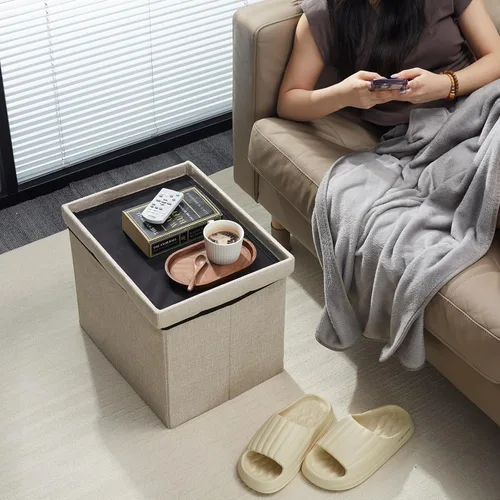 Vista 4 de AmasSmile Otomana beige con almacenamiento, taburetes para pies y piernas, pequeño y bonito, banco corto, otomanos plegables, reposapiés cuadrados