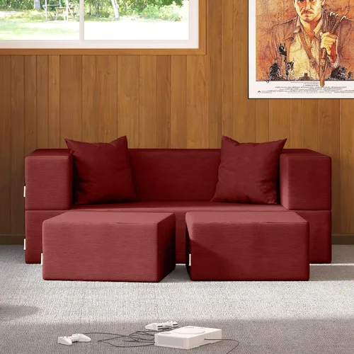 Vista 2 de Jaxx Sofá biplaza convertible con cremallera y otomanas, microterciopelo texturizado, color rojo baya