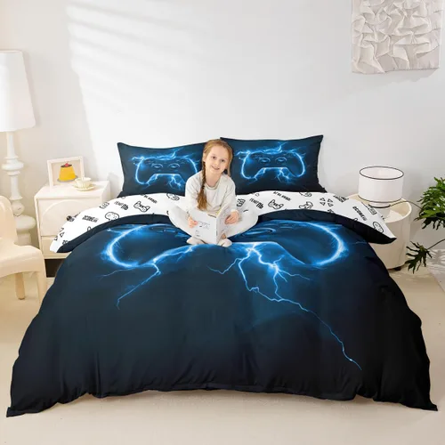 Vista 10 de Juego de funda de edredón con diseño de videojuegos para niños, tamaño individual, negro y azul a cuadros, juego de ropa de cama moderna