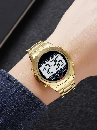 Vista 7 de PASOY Men's Digital Gold Watch Unisex Backlit Multifunction Stopwatch Alarm Waterproof Sport Women Watches Braided Bracelet Stainless Steel Black