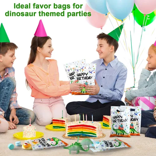 Vista 6 de Colarr 50 bolsas de plástico para recuerdos de fiesta de dinosaurios, bolsas de regalo de dinosaurio, bolsas de cumpleaños de dinosaurios con asa