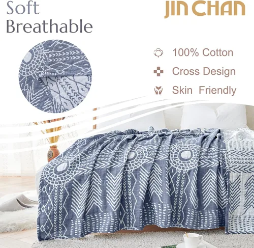 Vista 2 de jinchan Boho Manta de muselina 100% algodón 50x60, ligera de 3 capas, azul, reversible, lavable, transpirable, geométrica, con patrón de rayas