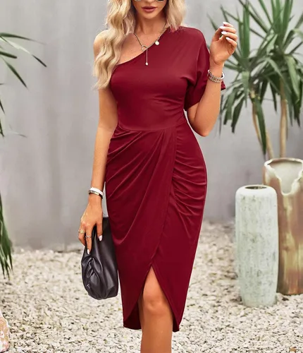 Vista 2 de C.AMOUR Vestido midi de manga corta con un hombro para mujer, fruncido, entallado, con abertura, envolvente, para verano, casual, fiesta, cóctel