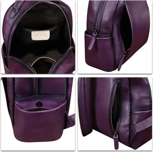 Vista 7 de IVTG Mochila de cuero genuino para mujer, mochila vintage a la moda, hecha a mano, casual, mochila de día, Púrpura, Mochilas Daypack