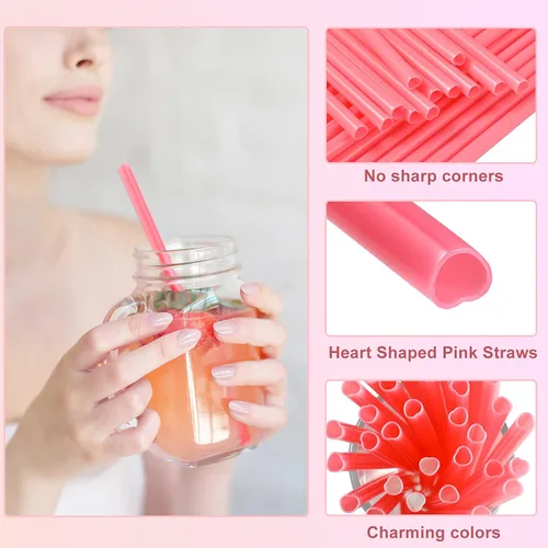 Vista 3 de Pickmesh 100 pajitas de San Valentín en forma de corazón, de plástico rosa, desechables, para beber, lindo café, leche, pajitas de San Valentín