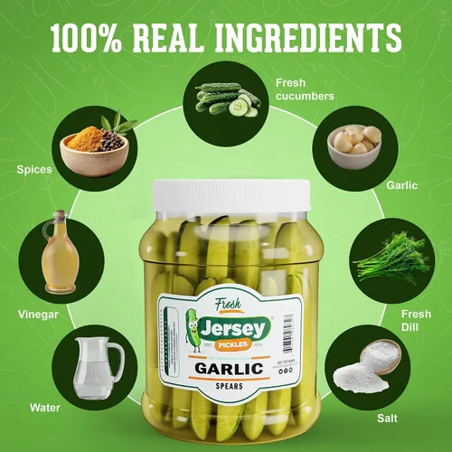 Vista 3 de Jersey Pickles - Lanzas de eneldo de ajo frescas (medio galón) - Fresco, apto para dieta cetogénica y perfecto para aperitivos, sándwiches