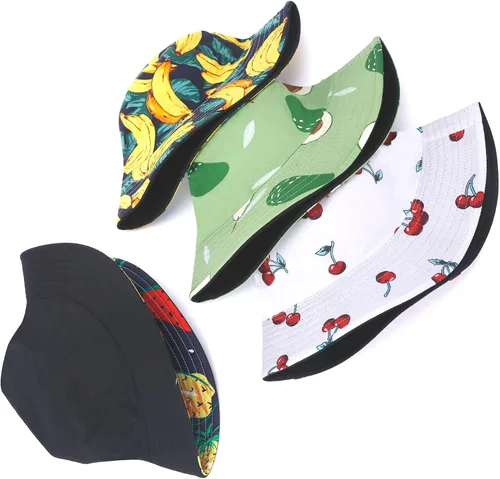 Vista 7 de Paquete de 4 sombreros unisex con estampado, sombrero de playa de algodón para mujer, viajes de verano, gorra reversible al aire libre, doble cara