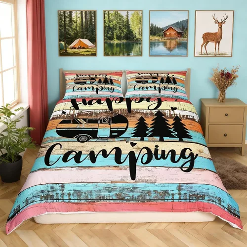 Vista 20 de Castle Fairy Juego de ropa de cama Happy Camping para niños, funda de edredón estilo granja occidental con cierre de cremallera, juego de ropa