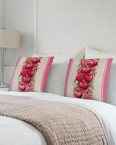 Vista 3 de Paquete de 2 fundas de almohada de algodón, diseño de bolas rosas de Feliz Navidad, cuadradas, suaves, decorativas, para sala de estar, dormitorio