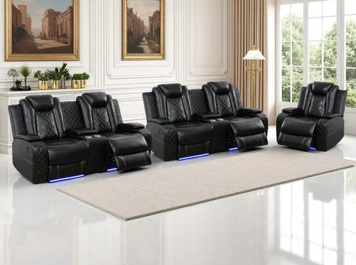 Vista 10 de Juego de sofás reclinables eléctricos, juegos de muebles de sala de estar, sofá reclinable eléctrico moderno negro, sofá biplaza y silla