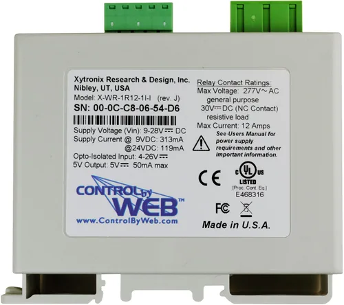 Vista 4 de Relé Ethernet accesible remoto WebRelay y módulo de entrada digital (se requiere fuente de alimentación de 9-28 VDC X-WR-1R12-1I-I)