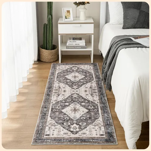 Vista 154 de Istana Alfombra larga antideslizante de 2.5 x 8 para el hogar, para pasillo y cocina, lavable, sedosa y suave al tacto, elegante, color azul y marfil