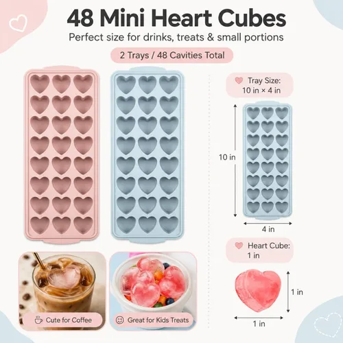 Vista 2 de 2 paquetes de bandejas para cubitos de hielo en forma de corazón con tapas y compartimentos, moldes de hielo con caja de almacenamiento de hielo, 48