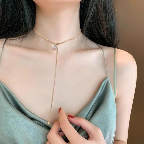Vista 5 de Pearl Lariat Neckalce Dainty Y Shape Necklace for Women Pearl Chain Necklace for Teen Girls Gift (Gold)