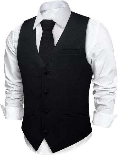 Vista 2 de DiBanGu Conjunto de corbata con cremallera y chaleco de lino para hombre Negro