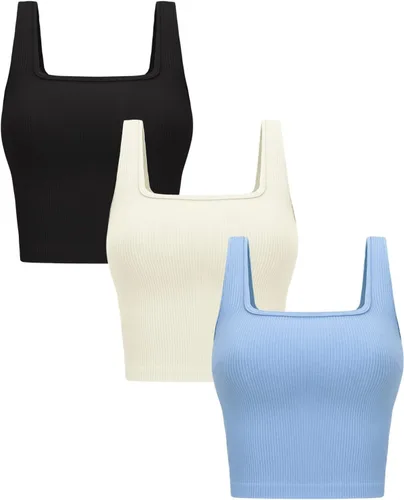 Vista 12 de OLCHEE - Camisetas cortas sin mangas para mujer, pack de 3, básicas, sin costuras, acanaladas, cuello cuadrado, para entrenamiento, verano Negro +