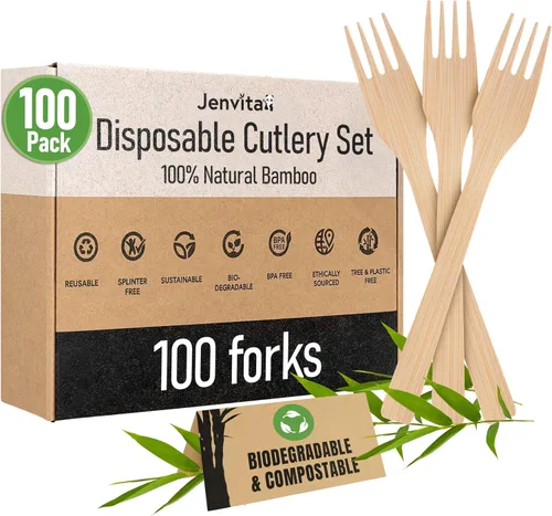 Vista 13 de Juego de cubiertos 100% de bambú - Juego de 100 cubiertos compostables
