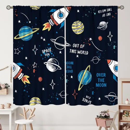Vista 16 de Cortinas de planeta galaxia, espacio exterior, universo, nebulosa, estrellas, cielo estrellado, con bolsillo para cortinero, para sala de estar