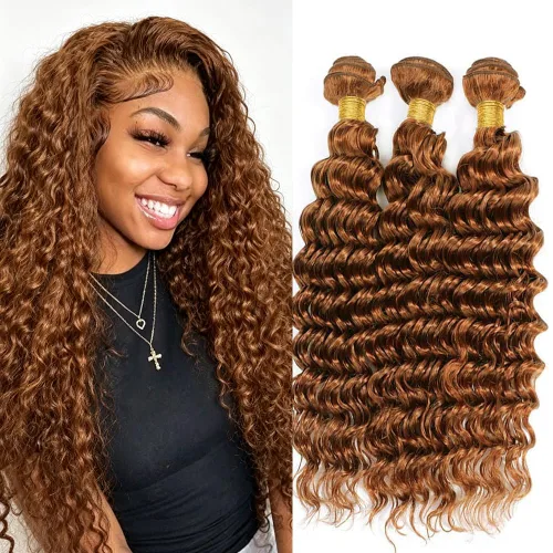 Vista 207 de P4613 Cabello humano rizado onda profunda marrón y paquetes mixtos 8 10 12 P4613 Ombre Marrón-Rubio-DP