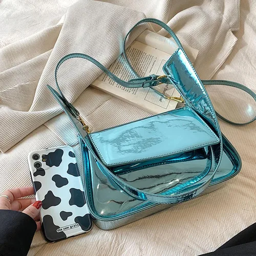 Vista 3 de Crbeqabe Bolso metálico plateado para mujer, bolso de noche Y2k brillante Hobo, bolso de mano metálico, bolso de hombro