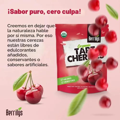 Vista 3 de Berrilys Cerezas ácidas secas orgánicas, secadas al sol, sabor natural, cerezas sin hueso para aperitivos saludables, llenas de nutrientes, ideal