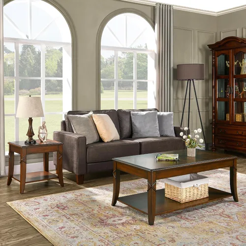 Vista 3 de Mesa de centro de madera maciza con estante de almacenamiento, mesa de sala de estar de mediados de siglo con mesa y patas talladas en madera, mesa