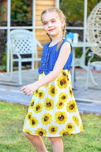 Vista 4 de Enlifety - Vestidos de princesas para niñas pequeñas, sin mangas, blusa de mezclilla y faldas de tutú con estampado floral, vestido de verano de una