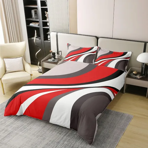 Vista 3 de Erosebridal Juego de ropa de cama geométrica de 100 % algodón, tamaño individual, funda de edredón de remolinos rojos, blancos y grises, funda