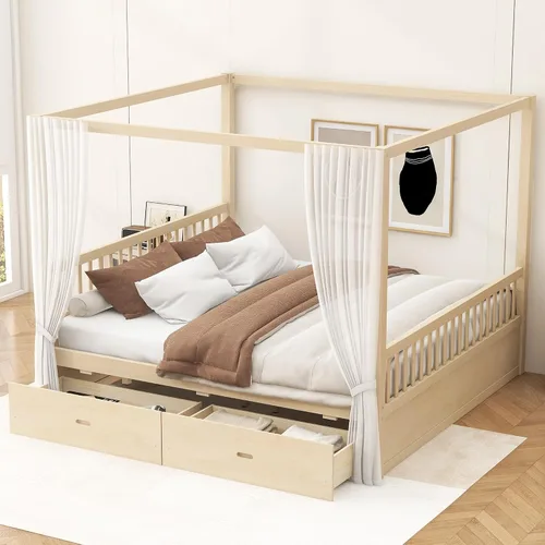 Vista 8 de Cama con dosel de metal, con plataforma de 4 postes de Coner con cabecera entrecruzada y estribo, tamaño Queen