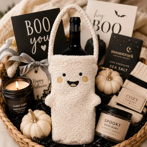 Vista 8 de Pearhead Soporte para botella de vino fantasma de Halloween, bolsa de regalo reutilizable de sherpa de felpa con cara sonriente y asa - Lindo regalo