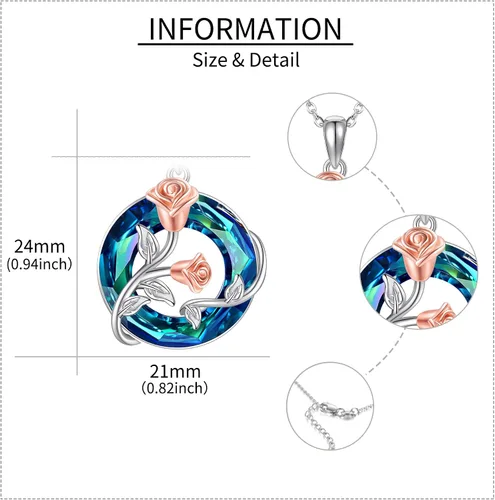 Vista 3 de URONE Collar de flor de rosa de plata de ley 925 con colgante de rosa con círculo de cristal de flor de nacimiento de junio, regalo de joyería