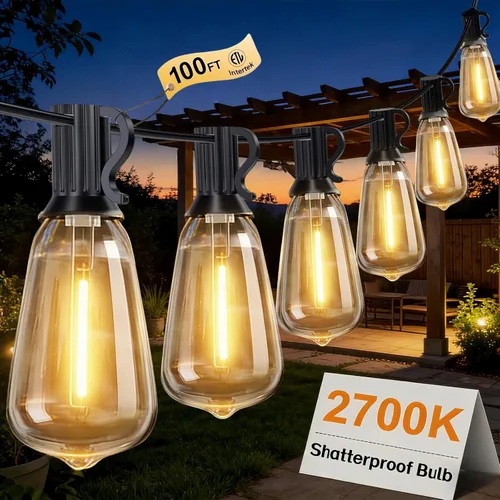 Vista 12 de Guirnalda de luces para exteriores de 25 pies, luces impermeables para patio con bombillas Edison ST38 vintage inastillables, luces colgantes