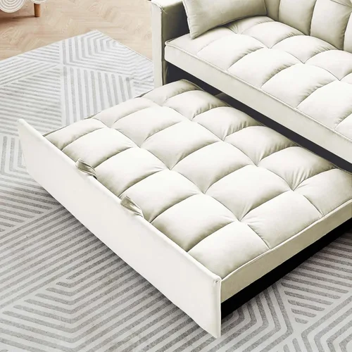 Vista 6 de Sofá cama convertible 3 en 1, sofá biplaza moderno de terciopelo con almohadas y bolsillos laterales, sofá extraíble de 2 plazas para espacios Crema