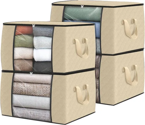 Vista 11 de Fab totes Paquete de 3 bolsas de almacenamiento plegables de tela gruesa, contenedores para organizar dormitorio, armario, ropa, edredón, Beige