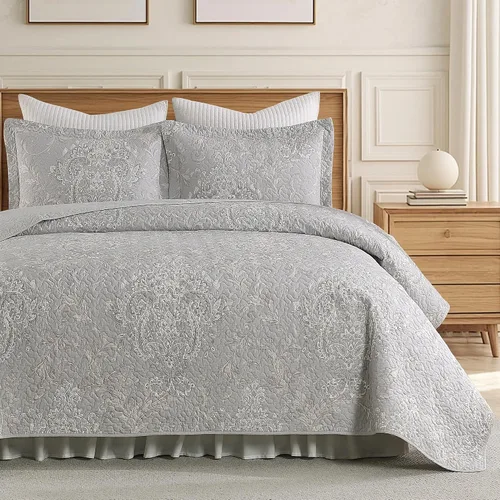 Vista 22 de Juego de edredón 100% algodón tamaño Queen de 3 piezas, edredón floral de damasco con 2 fundas, colcha acolchada floral vintage, ropa de cama ligera