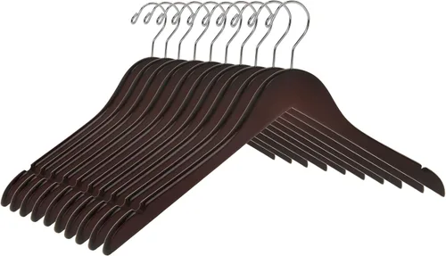 Vista 13 de Perchas de madera semicurvada negra de calidad, paquete de 10 perchas de madera maciza con acabado liso con gancho giratorio, chaqueta, pantalón