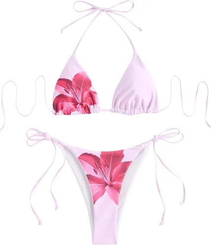 Vista 5 de ZAFUL Bikinis triangulares estampados para mujer, 2 piezas, bikini halter, traje de baño de corte alto, traje de baño con lazo lateral 0-negro a