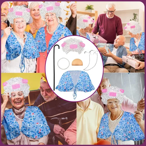 Vista 7 de Berlune 7 piezas de disfraz de anciana para el día de escuela, disfraz de vieja abuela para niños y mujeres, chal impreso, peluca de abuelita