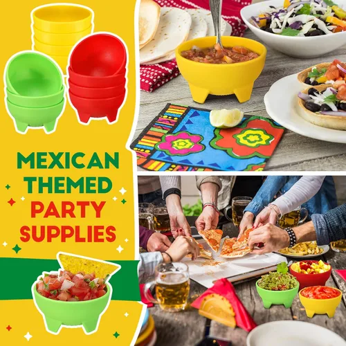 Vista 5 de 12 cuencos de salsa para fiestas, coloridos cuencos de salsa de plástico mexicanos, platos de guarnición para servir mexicanos, rojo, amarillo