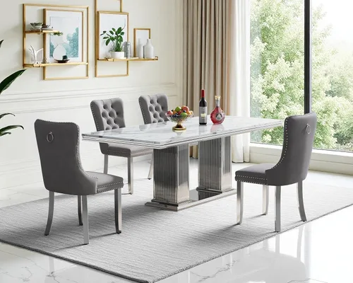 Vista 34 de Juego de 4 mesas de comedor blancas y doradas, mesa de cocina rectangular de 68 pulgadas con parte superior de mármol sintético blanco, mesa de Mesa