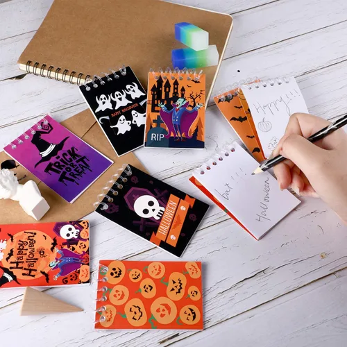 Vista 6 de Outus 48 cuadernos de Halloween en espiral, cuadernos con patrón de calabaza para fiesta de Halloween, suministros escolares en casa, 8 estilos