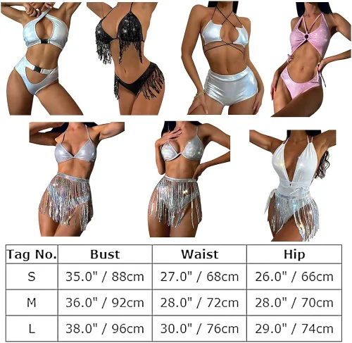Vista 6 de Traje de rave metálico para mujer, top corto brillante, falda con flecos, traje de baño, festivales de música, Halloween, cosplay, disfraz