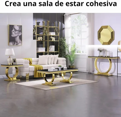 Vista 7 de Mesa consola Asday dorada, mesa de entrada de 50 pulgadas en negro glamuroso y dorado con base en forma de U, mesa de entrada dorada pulida